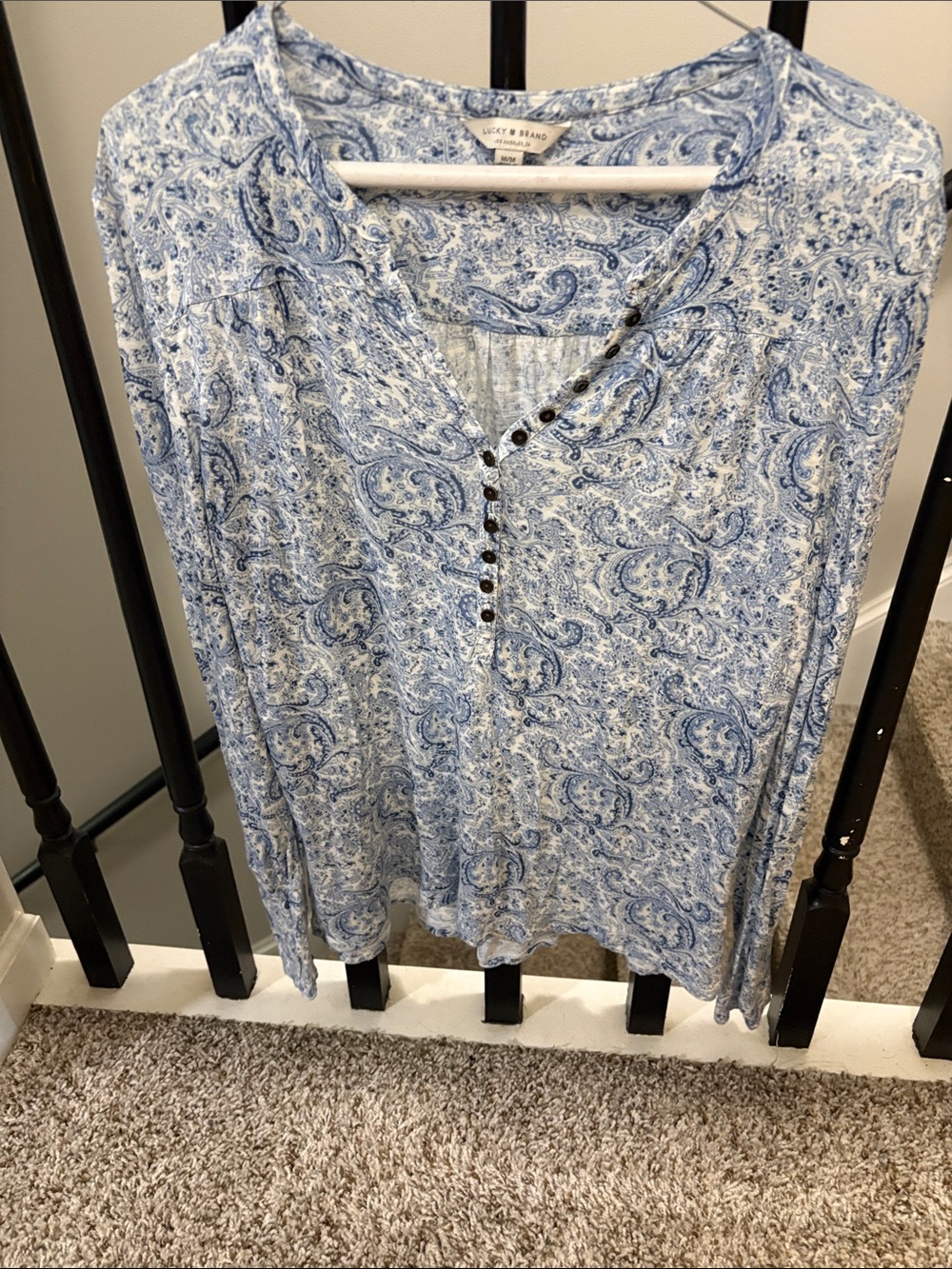 Lucky Brand Blue Paisley Henley Long Sleeve Top medium